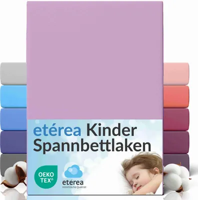 A stack of colorful fitted sheets with a main lavender sheet prominently displayed. A sleeping child is shown in the lower right corner.