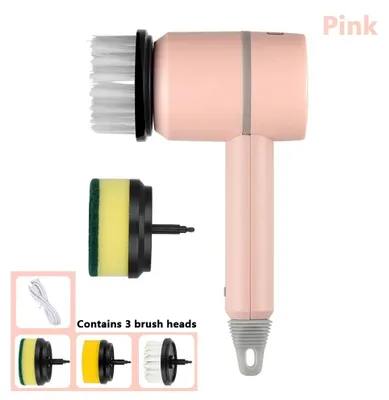 Produktbild von Elektrische Reinigungsbürste 3-in-1, USB-aufladbar mit 3 austauschbaren Bürstenköpfen für Küche, Bad, Fliesen und Waschbecken - Rosa