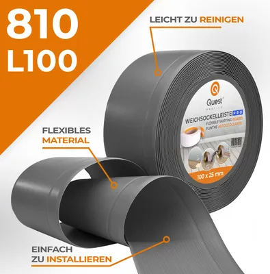 Produktbild von QUEST Weichsockelleiste ohne Klebeband 100x25mm, 1m, PVC Sockelleiste, Breite Knickleiste für Wände, Boden, Flexibel, Dekorativ, UV-beständig, dunkelgrau