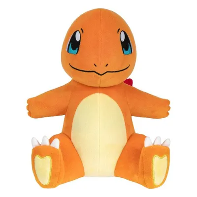 A plush toy of the Pokemon character Charmander is shown sitting against a white background.