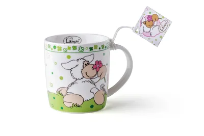 A white mug with a cartoon sheep design and a tag attached to the handle.