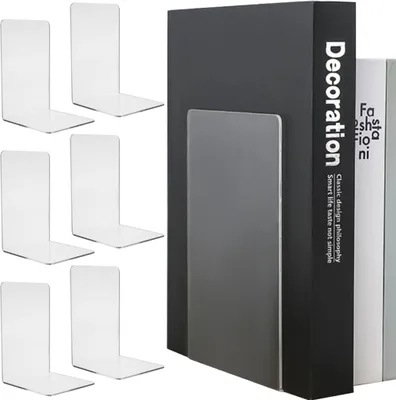 Produktbild von Buchstütze aus Acryl 6er Pack 18,5x12x12 cm |Bücherhalter Organzier für Büro und Zuhause Regal |Glasklares Acryl im stilvollen Design möbelschonend |21745