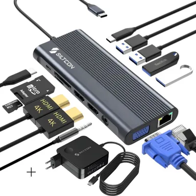 Produktbild von Siltcon® 13-in-1 USB-C Hub mit 100W Adapter – Dockingstation – 2x HDMI 4K – VGA – RJ45 – SD/TF – Spacegrey
