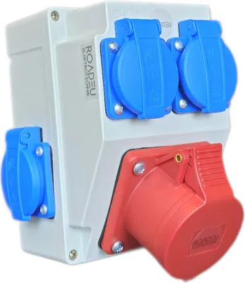 Produktbild von Kombi Wandsteckdose 16A 5P, 4x Schuko 230V, Stromverteiler IP44 - CEE Wandverteiler mit 4x Schuko 230V