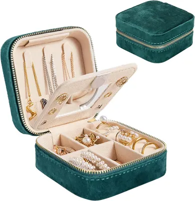 Produktbild von Mini-Schmuckkästchen Organizer, tragbar Reise-Schmuckkoffer, Samt Double Layer Schmucktasche mit Spiegel, Ringe, Ohrringe Grün