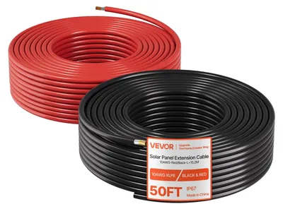 Produktbild von VEVOR 30,48 m/100 FT Solarpanel Verlängerungskabel, 6 mm²/10 AWG Solarextensionskabel mit wasserdichten Steckverbindern für weiblich & männlich, 6 mm² PV-Kabel für Haus, Schiff und Wohnmobil Solarpanels, 30,48 m/100 FT Schwarz + 30,48 m/100 FT Rot (Set von 2), 15.24 m-a, Ohne Anschluss