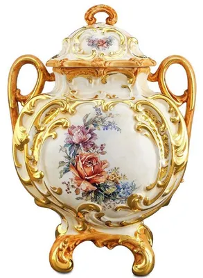 Produktbild von Casa Padrino Barock Keramik Vase mit Deckel und 2 Tragegriffen Weiß / Gold / Mehrfarbig Ø 12 x H. 34 cm - Blumenvase im Barockstil