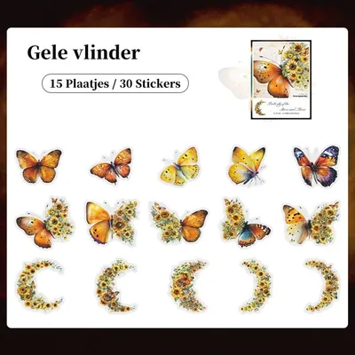 Productafbeelding van 30 gele vlinderstickers – Set van 15 verschillende designs voor scrapbooking en planners