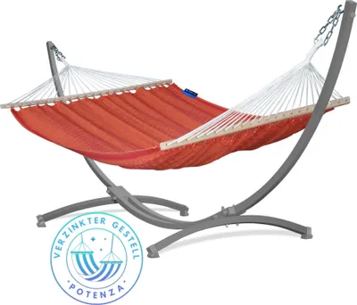 Produktbild von Potenza Outdoor Hängematte mit Verzinkter Gestell für 2 Personen I 100% Baumwolle Medelin Stabhängematte 215x140, 160kg I Hängemattengestell 220kg, wetterfest
