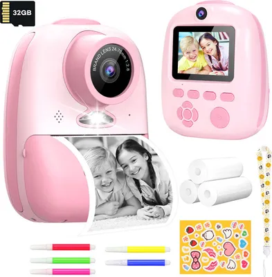 Image de Appareil photo instantané pour enfants, appareil photo numérique pour jeunes enfants, appareil photo avec papier d'impression, caméra vidéo pour enfants 26 MP, appareil photo selfie pour enfants, appareil photo jouet, caméscope pour enfants, écran 2 pouces et carte TF 32 Go (rose)