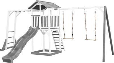 Produktbild von AXI Beach Tower Spielturm aus Holz in Weiß & Grau | Spielhaus für Kinder mit grauer Rutsche, Klettergerüst, Doppelschaukel und Sandkasten |