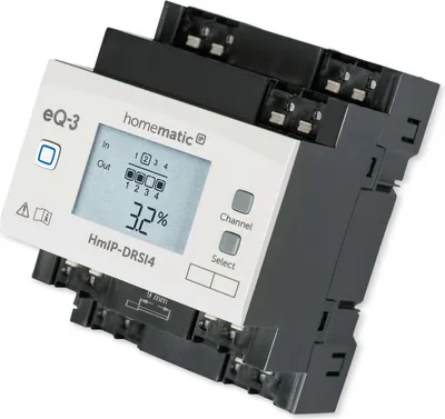 A close-up, angled view of a Homematic IP smart home device, likely a switch actuator, mounted on a DIN rail.