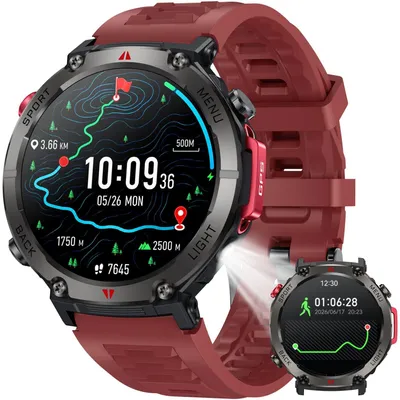 Zdjęcie produktu dla Inteligentny zegarek męski z GPS, opaską na rękę, kompasem, latarką, funkcją pomiaru ciśnienia krwi, wodoszczelnością i monitorem tętna. Czerwony