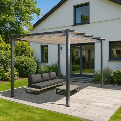Immagine prodotto di Pergola in alluminio HWC-N93, gazebo da giardino, telaio stabile da 8 cm, tetto scorrevole UV50+ 3x4m ~ crema-beige