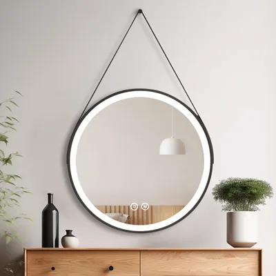 Zdjęcie produktu dla Heilmetz lustro łazienkowe okrągłe 80cm lustro z oświetleniem dotykowym ściemnialne zmienne oświetlenie lustro z zawieszeniem paskowym stylowy industrialny styl