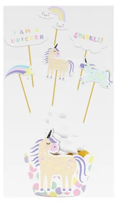 Produktbild von Cupcake Dekorationsset Einhörner & Regenbögen - 12-teilig