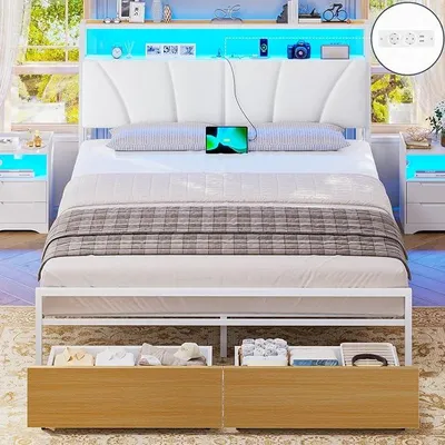 Obrázok produktu pre Postel 140x190 s úložným priestorom, kovový rošt, rám postele 140x190 cm s LED osvetlením a nabíjacou stanicou (2 zásuvky a 2 USB porty), posteľ pre mládež, dvojlôžko s 2 veľkými zásuvkami, biela