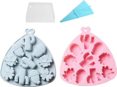 Image de set de 2 moules à fondant en silicone avec cactus et fleurs, Cactus, Moules à gâteaux hawaïens Pour La Fabrication De Sucre, Chocolat, Bonbons, Pâte De Gomme, Gâteaux Cupcake, Accessoires De Décoration