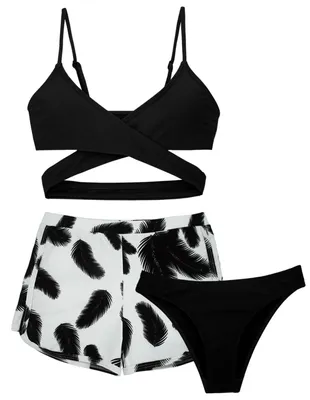 Produktbild von Mädchen-Bikini-Set mit Hose – Blumenmuster – Schwarz