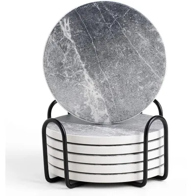 Image de Lot de 6 sous-verres en céramique avec base en liège et support, gris anthracite, 10,2 cm