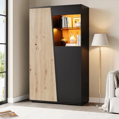 Image de Vitrine Merax avec éclairage LED, meuble haut avec 2 portes et 7 étagères, 9 compartiments, verre de sécurité, porte en bois design, vitrine pour collectionneurs, noire et bois