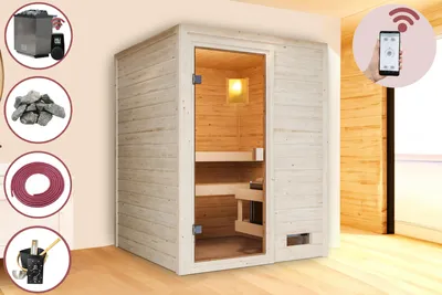 Produktbild von Karibu Sauna Innensauna Heimsauna MILA 1 Sparset 146x146 cm inkl. 9kw Ofen mit HUUM Wifi (App fähig) Steuerung