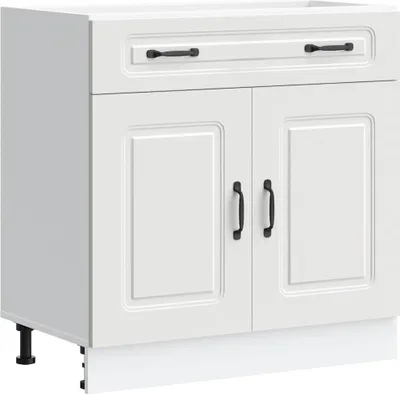 A white kitchen base cabinet with two doors and a drawer, shown from a front-side angle.