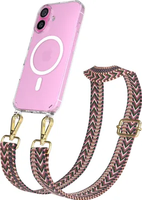 Zdjęcie produktu dla EAZY CASE - Łańcuszek do telefonu komórkowego z etui MagSafe do Apple iPhone 16, pasek do telefonu komórkowego w stylu ZigZag, karabińczyk w kolorze złotym, pasek na szyję w kolorze ciemnoczerwonym