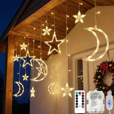 Zdjęcie produktu dla Światełka ramadanowe - 3,5 m - 138 diod LED - Girlanda świetlna - Księżyc - Gwiazdy - Zasilanie bateryjne - USB - 8 trybów