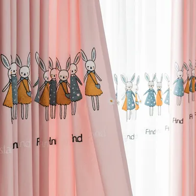 Produktbild von Qian Bunt bestickte Kinder Vorhänge 2er-Pack kann individuell gestaltet werden Perforationen rosa Kaninchen Vorhang