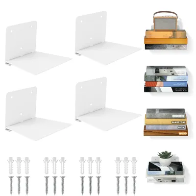 Produktbild von Schwebende Bücherregale, Wandregale, unsichtbare Bücherregale, versteckte Metallregale für Schlafzimmer und Homeoffice, 4er-Set, weiß