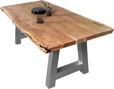 Produktbild von Esstisch Baumkante massiv Akazie Natur 200 x 100 A-Gestell silber CALI