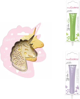 Produktbild von Einhorn-Relief-Plätzchen-Set + 2 hellgrüne und fliederfarbene Schokoladenstifte