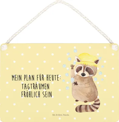 Produktbild von Mr. & Mrs. Panda Schild Waschbär DIN A5 - Gelb Pastell - Geschenk, kleine aufmerksamkeit, wandtafel, Türschild, Lustige Sprüche, Seifenblasen, holzbild, Plan, Waschen