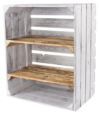 Produktbild von Hohe Regalkiste shabby weiss mit geflammten Brettern Schuhregal Holzkistenregal Weinregal