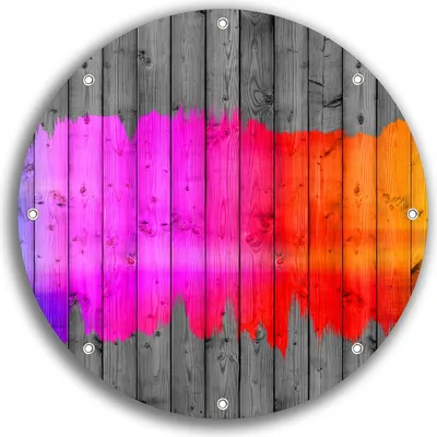 Produktbild von Wallario rundes Outdoor-Poster für Garten oder Balkon, Motiv Holzpaneel - Bemaltes buntes Holz, 30 cm Durchmesser