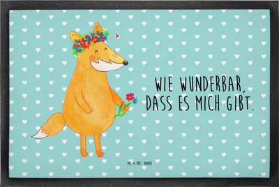 Produktbild von Mr. & Mrs. Panda fußmatte Fuchs Blumen 50 x 75 cm - Türkis Pastell - Geschenk, Schmutzfangmatte, Schmutzfangteppich, Gummi-Fußmatte, Schmutzmatte, Selbstbewusst, Freude