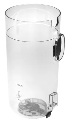 A clear plastic dust container with a black handle.