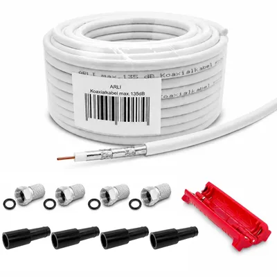 Produktbild von 20m ARLI Koaxialkabel – max. 135 dB 5-fach geschirmt + 4x F-Stecker & 4x Gummitülle + Abisoliermesser Kabelmesser Werkzeug für DVB-S2 DVB-T2 DVB-C2