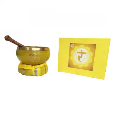 Produktbild von Klangschalen Set "Manipuram Chakra" gelb mit Klöppel & Kissen 10cm ca. 330g
