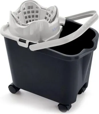 Image de Mery : Seau avec égouttoir automatique : Seau à franges avec roulettes : Capacité : 14L : Polypropylène : Acier : Gris clair et gris foncé