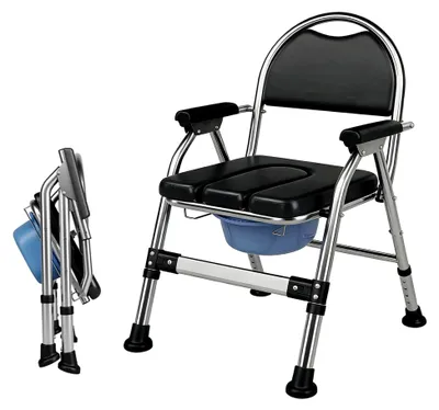 Produktbild von Toilettenstuhl aus Edelstahl, Duschstuhl mit Toilette, faltbarer Toilettenstuhl für Senioren, höhenverstellbar, Tragfähigkeit 200 kg, 56 cm breit, Duschstuhl mit Armlehne, Rückenlehne und Toiletteneimer