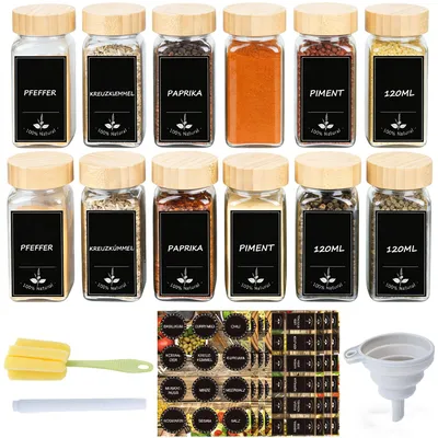 Produktbild von Gewürzgläser Eckig (12x 120ml), Gewürzdosen mit Holzdeckel, Trichter, Etiketten &Stift, Gewürzstreuer Transparenter, Spice Jars, Gewürzglas