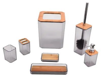 Image de Ensemble d'accessoires de salle de bain en bambou, 7 pièces : porte-savon et porte-brosse à dents, pour la maison ou l'hôtel - Gris