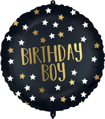 Image de Ballon rond en plastique "Birthday Boy" en noir et or. 46 cm