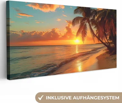 Produktbild von MuchoWow® - Leinwandbilder - Sonnenuntergang - Strand - Palmen - Meer - Sonne, Wandbild, Wanddeko Bilder Wohnzimmer, 80x40 cm