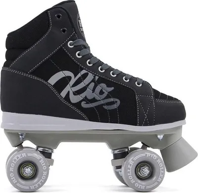 A single black and gray quad skate is shown against a white background.
