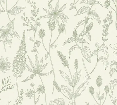 A seamless pattern of botanical illustrations of various plants and flowers.