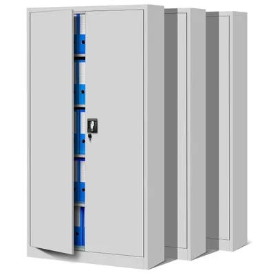 A row of gray metal filing cabinets, with the first one open to reveal blue folders inside.