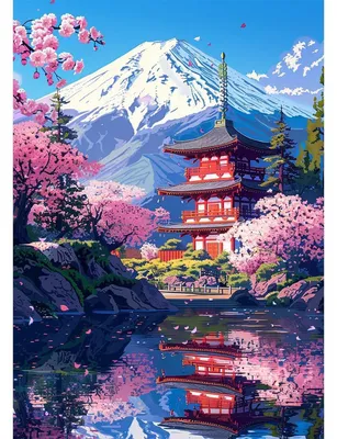 Produktbild von 5D Diamant Malerei Set Mount Fuji Japanischer Tempel Kirschblüte für Erwachsene Anfänger 30x40cm